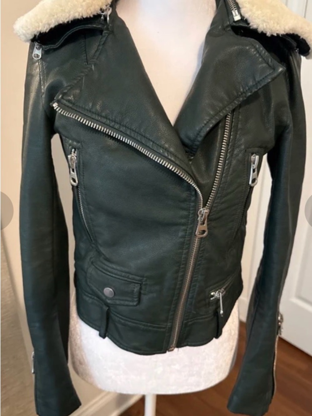Zara Dark Green Faux Leather Moto Jacket with Cream Shearling Collar